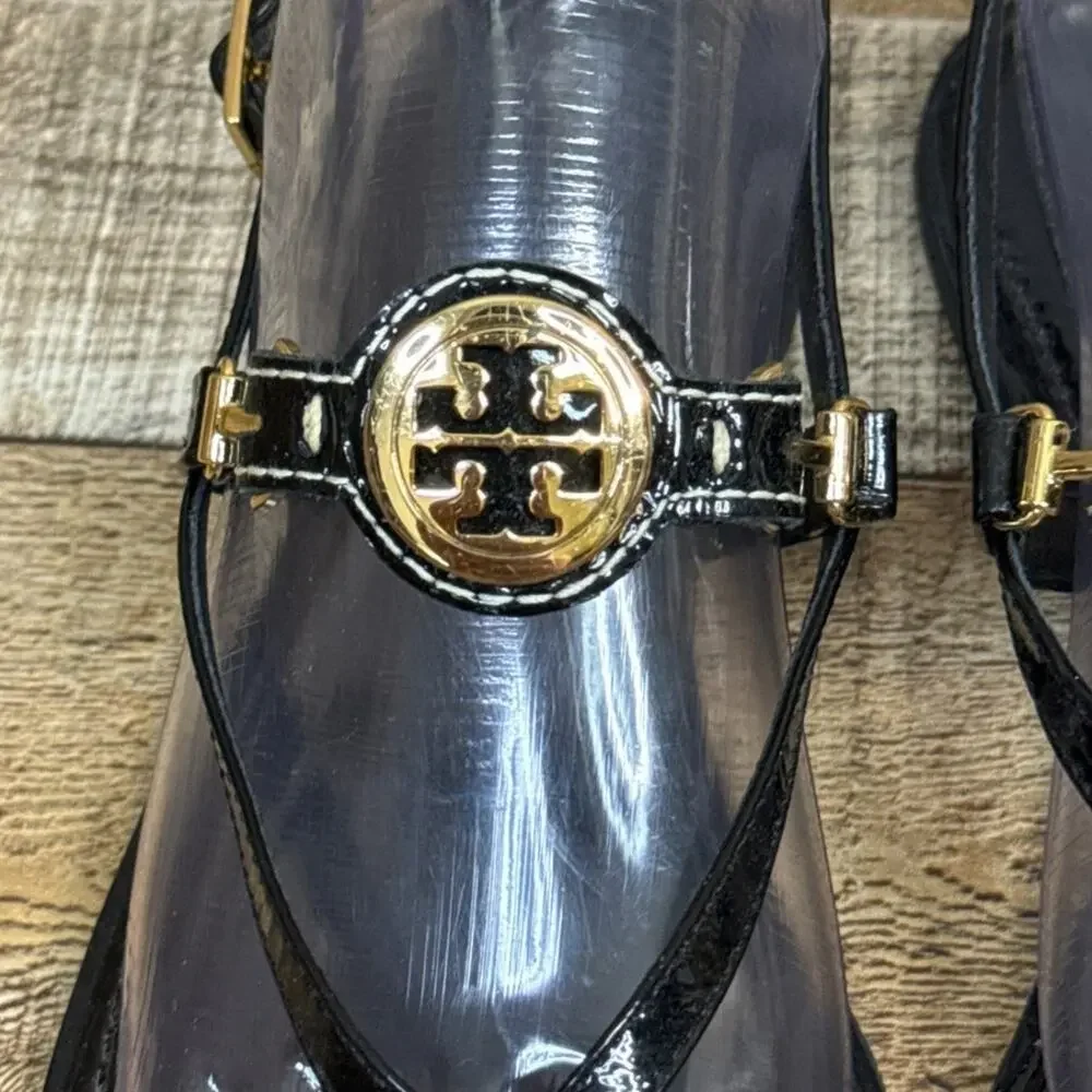 Tory Burch Ali Slingback Black Patent Leather Sandals Gold Metal Logo Size 8